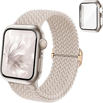 Braided Stretchy Band Compatible for Apple Watch Band and Case 40mm 41mm 42mm 44mm 45mm 46mm, Nylon Elastic Solo Loop and Protective Cover with Screen Protector for iWatch Series 11 10 9 8 7 SE 6 5 4