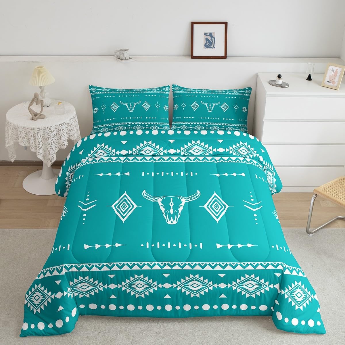 Erosebridal Bull Skull King Size Comforter Set, Western Cowboy Bedding Set for Boys Girls Men Women Room Decor, Southwestern Native Quilt, Boho Aztec Ethnic Horns Duvet Insert