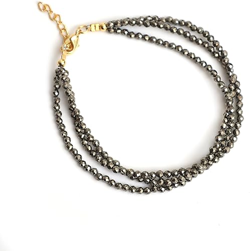 Miniatura 2 de Gempires Pyrite 3 Layered Beaded Bracelet, Faceted Beads, Birthstone Healing Crystals, Gift for Her, 14k Gold Plated Jewelry for Women, 8 inch
