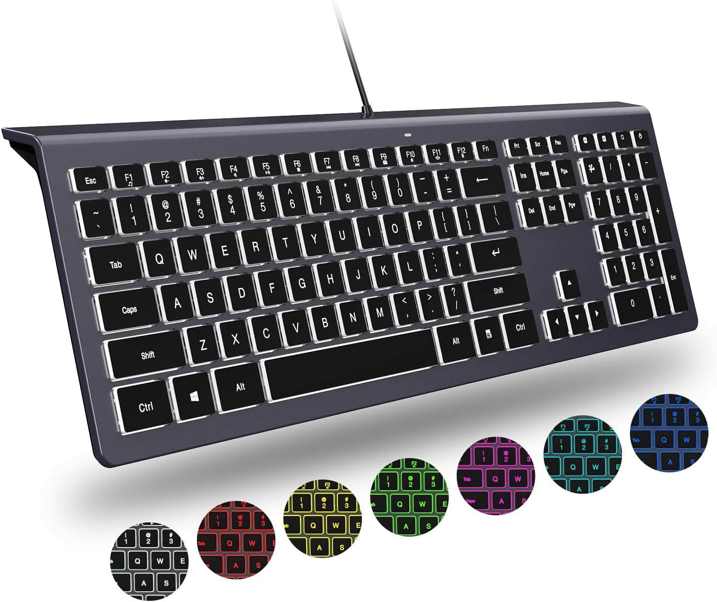 Backlit Wired USB Keyboard, Comfortable Quiet, Low Profile Flat Chocolate/Scissor Keys, Durable Ultra-Slim for Windows 11/10 / 8/7 / Vista Desktop PC, Laptop - Black Grey