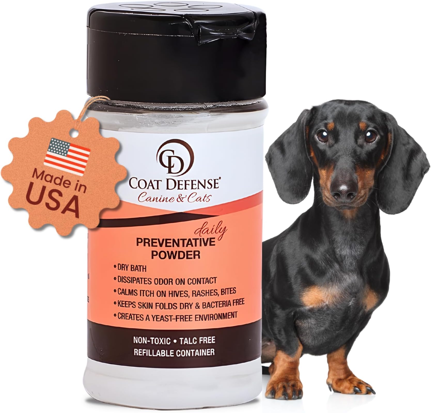 COAT DEFENSE Daily Preventative Powder | Made in USA | 3.5oz Waterless Dog Shampoo & Pet Deodorizer for Smelly Dogs | Provides Anti Itch Relief | Dog Shampoo for Dry Itchy Skin