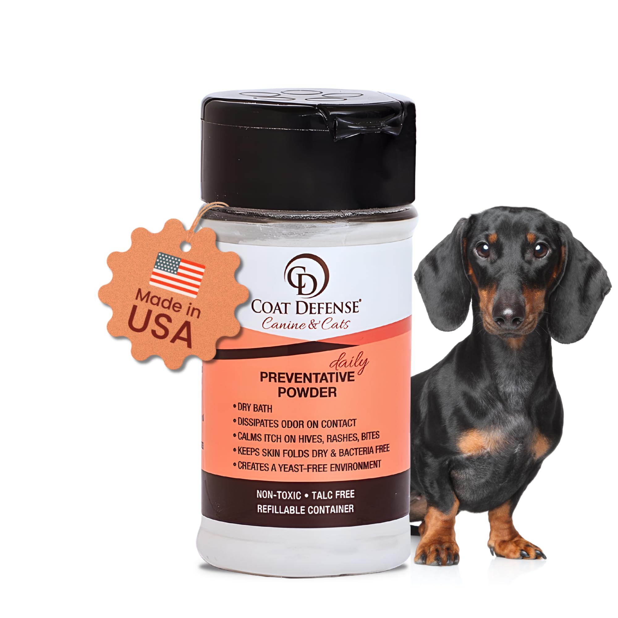 COAT DEFENSE - Polvo preventivo fabricado en EE. UU., champú para perros sin agua, 3,5 oz y desodorante para mascotas para perros con mal olor | P