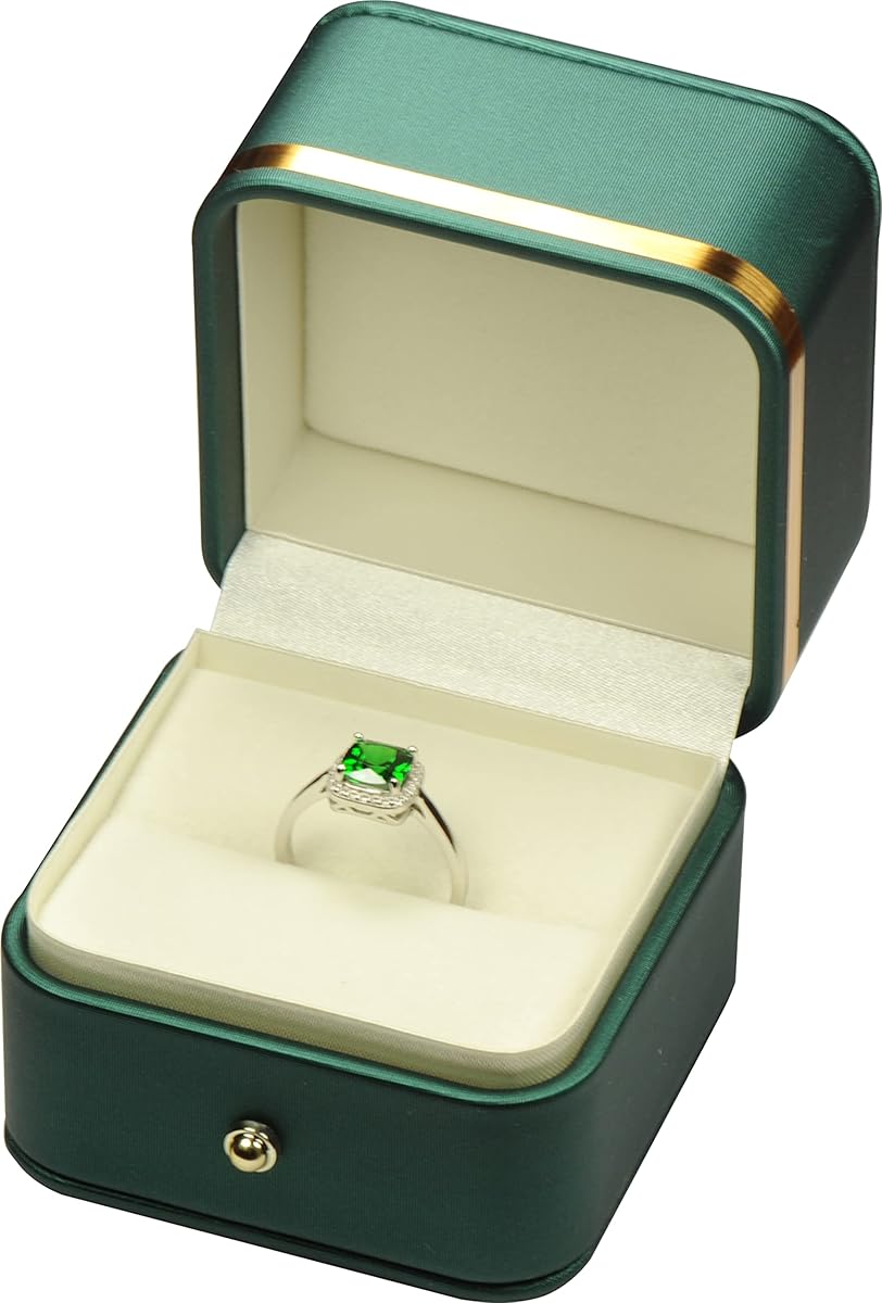 Ring Box for Wedding Proposal Engagement for Men Women Luxury Soft Touch Premium Green Color PU Leather Ring Jewelry Gift Holder Box with Elegant Gold Trim and Gold Button Design Ring Gift Box
