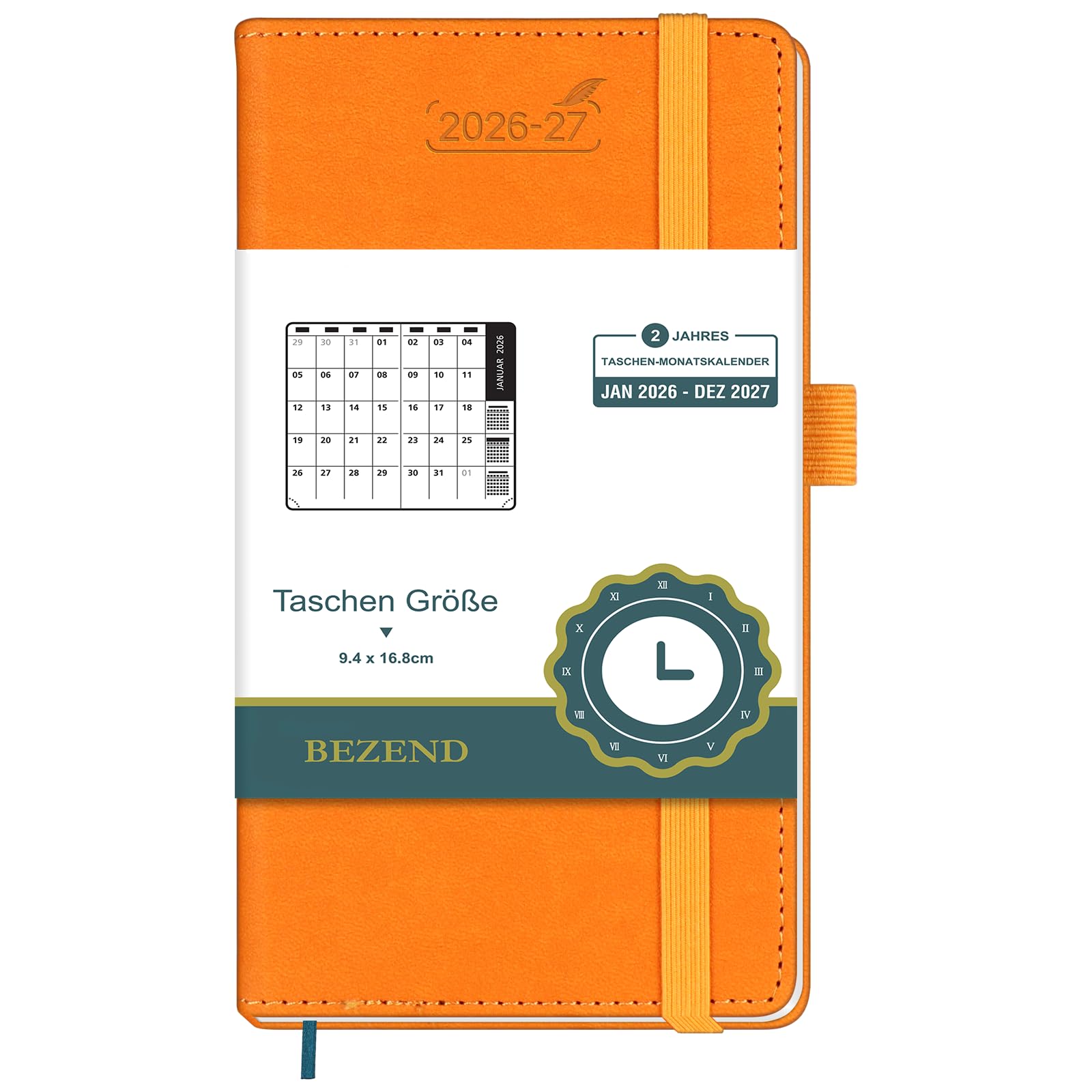 (auf Deutsch) BEZEND 2 Jahres Monats-Taschenkalender 2026/2027(Jan 26-Dez 27) A6 16,8 x 9,4 cm, Kleiner Monatskalender 1 Monat 2 Seiten mit PU-Leder Hardcover, Orange