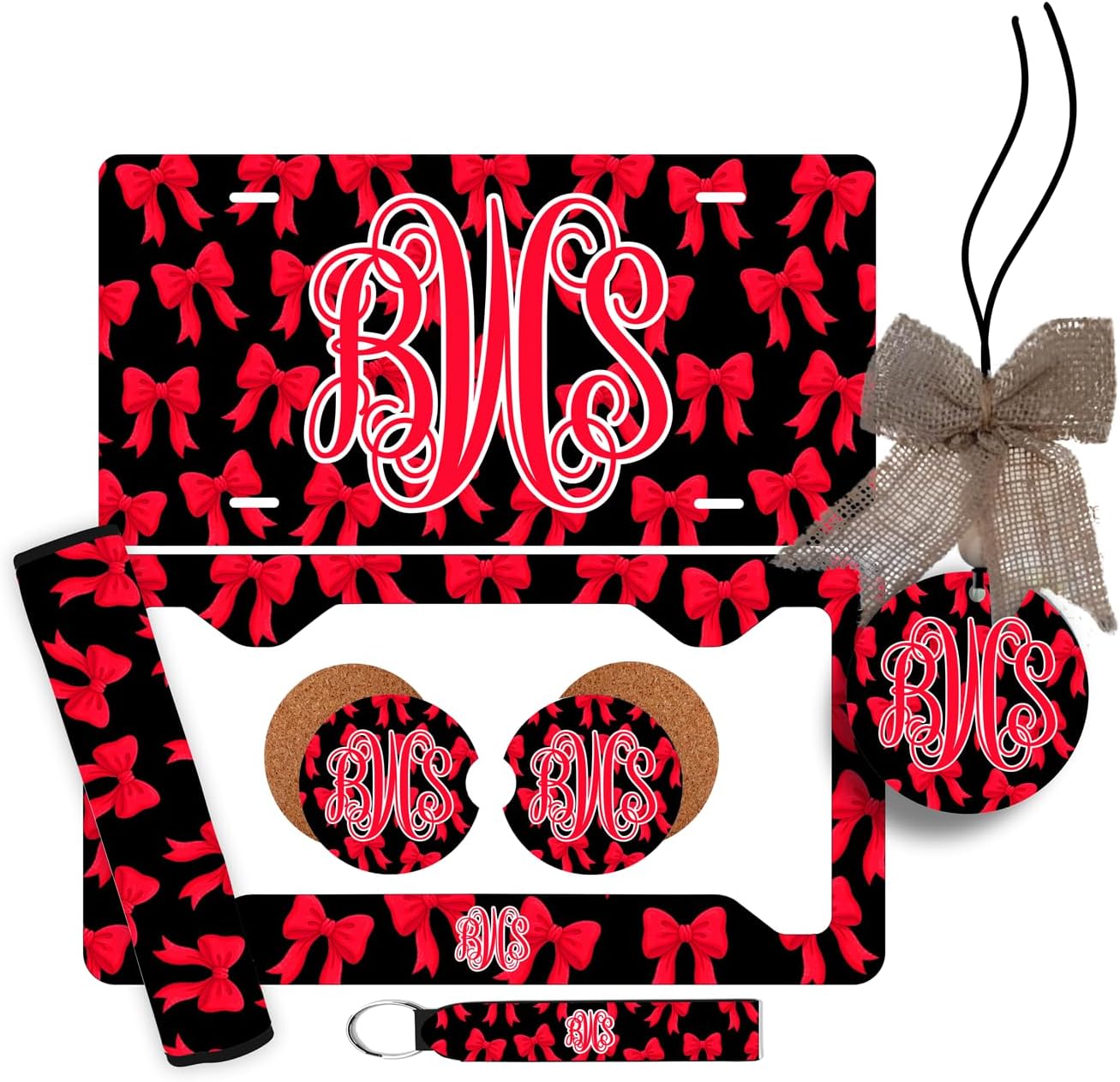 Personalized Monogram Car Accessories, Black and Red Bow Design