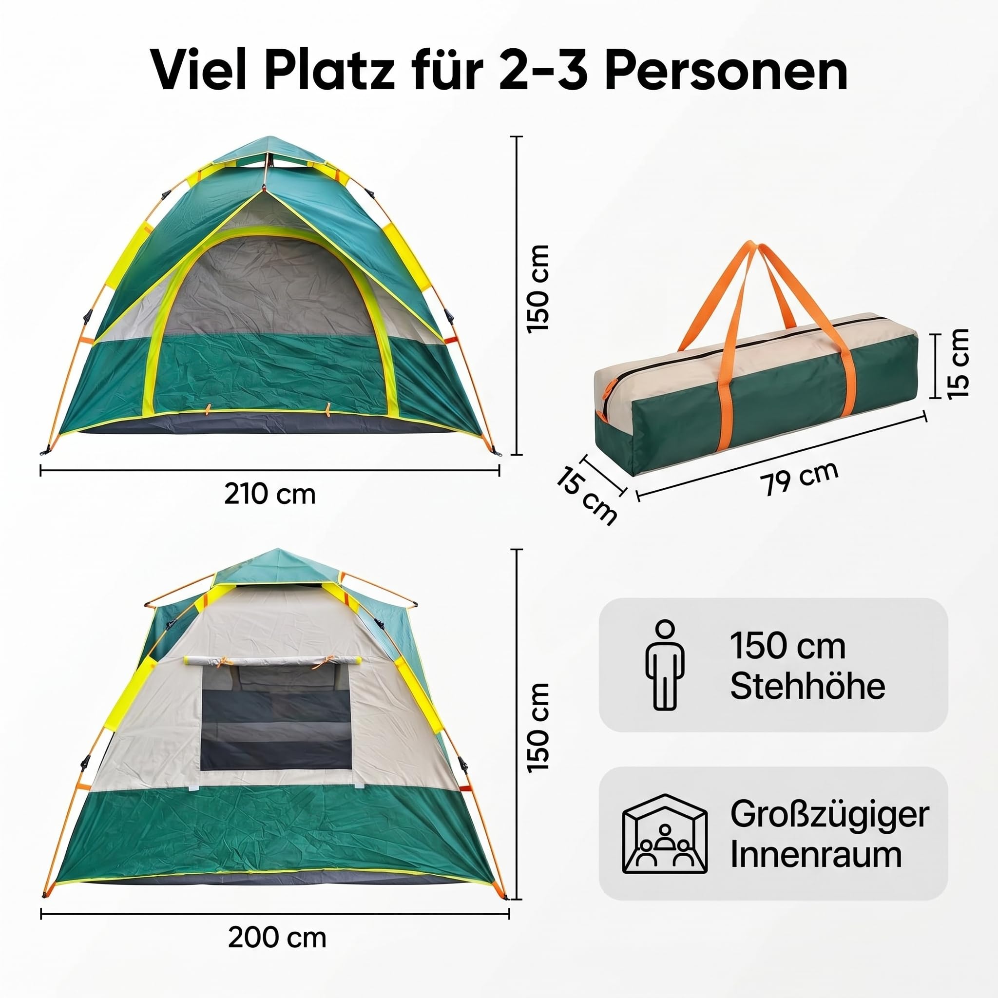 EVOCAMP Wurfzelt 2-3 Personen, Automatisches Pop-Up Zelt mit Schnellaufbau, wasserabweisend, UV-Schutz & Moskitonetz – Geräumiges Campingzelt für Festival & Park, 210x200x150 cm, 2,76 kg