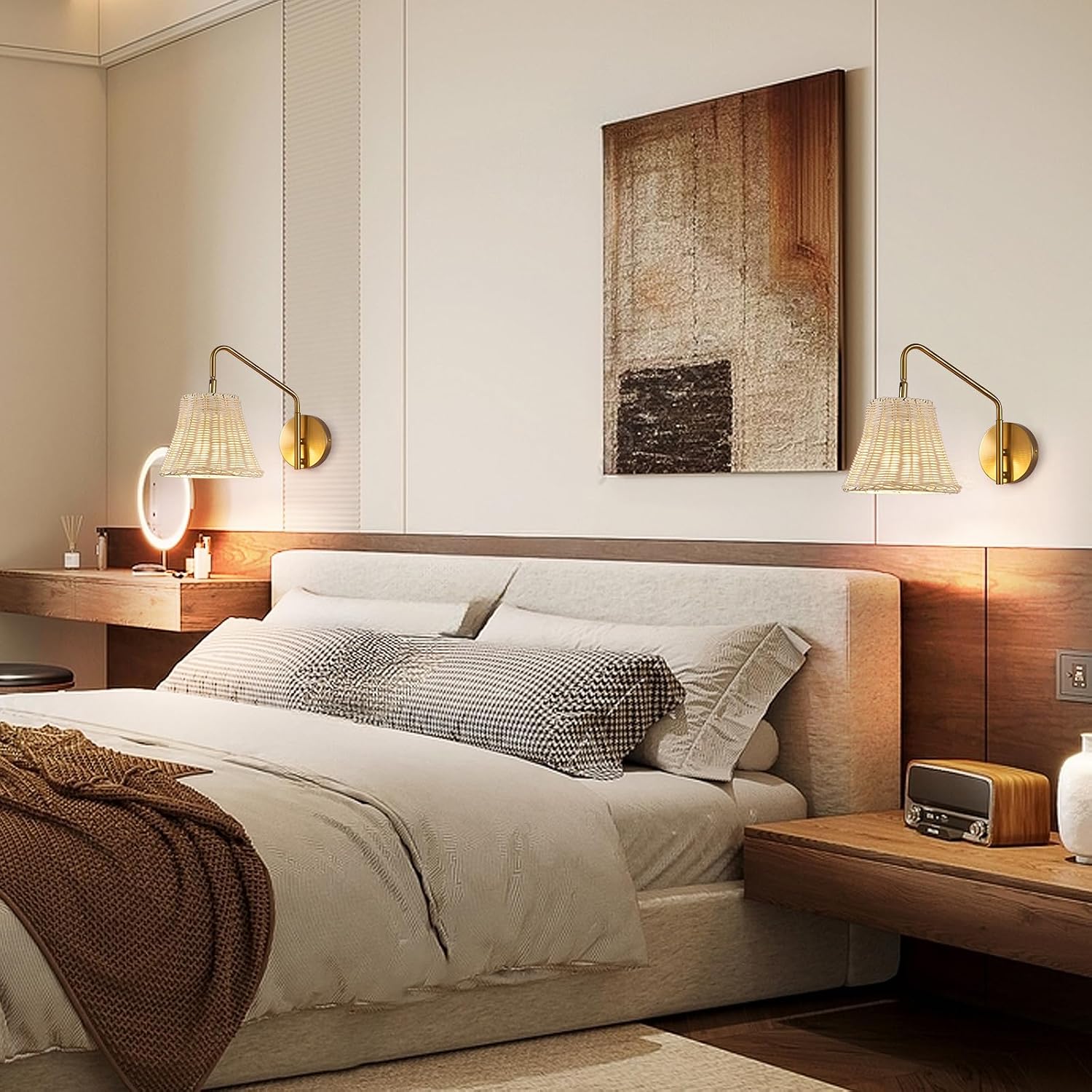 Rattan Wall Sconce Set of Two, Battery Operated Rechargeable Wall Light with Remote, Adjustable Gold Wall Sconce for Living Room and Bedroom(E26 Bulb Included)