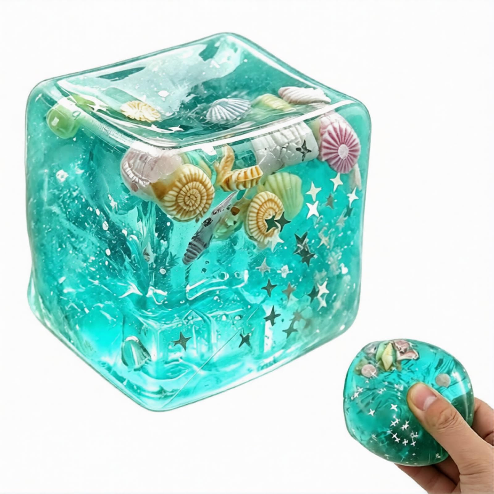 CLBDRESS Ice Cubes Stress Ball, Slow Rise Squishies Cube with Ocean Shells Inside, Squeeze Stress Relief Cube, Squeeze Ball & Stretchy Fidget Toy for Adults, Teens