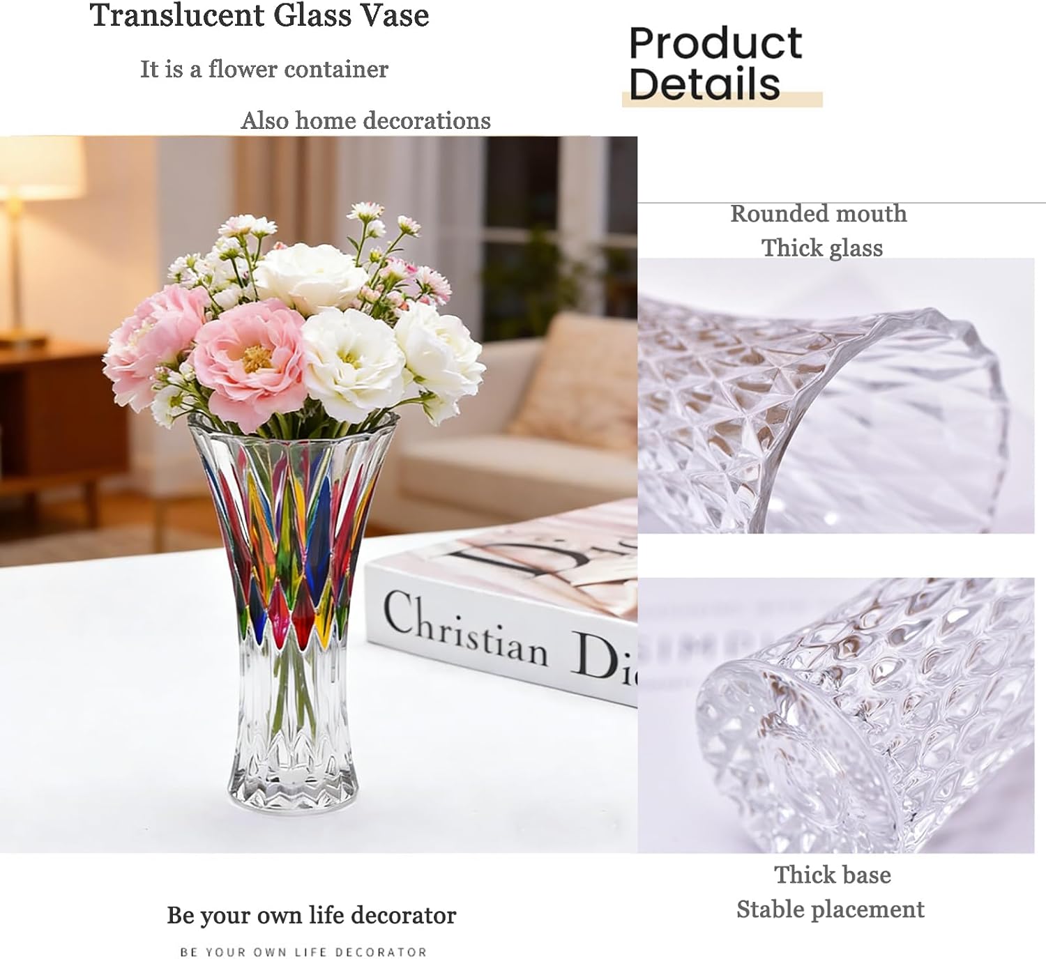 Glass Vase for Flowers Modern Vases Home Decor Unique Flower Vase for Bouquet 7.7" Centerpiece Vase Decor Room,Living Room,Library,Office,Table,Entryway,Modern Farmhouse(Crystal Clear)
