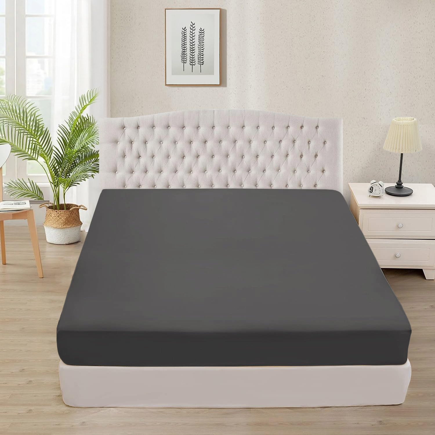 Queen Fitted Sheet Dark-Gray 400 Thread Count 100% Cotton Sateen, Queen Size Fitted Sheet, Soft & Breathable, All-Around Elastic (Pack of 1)