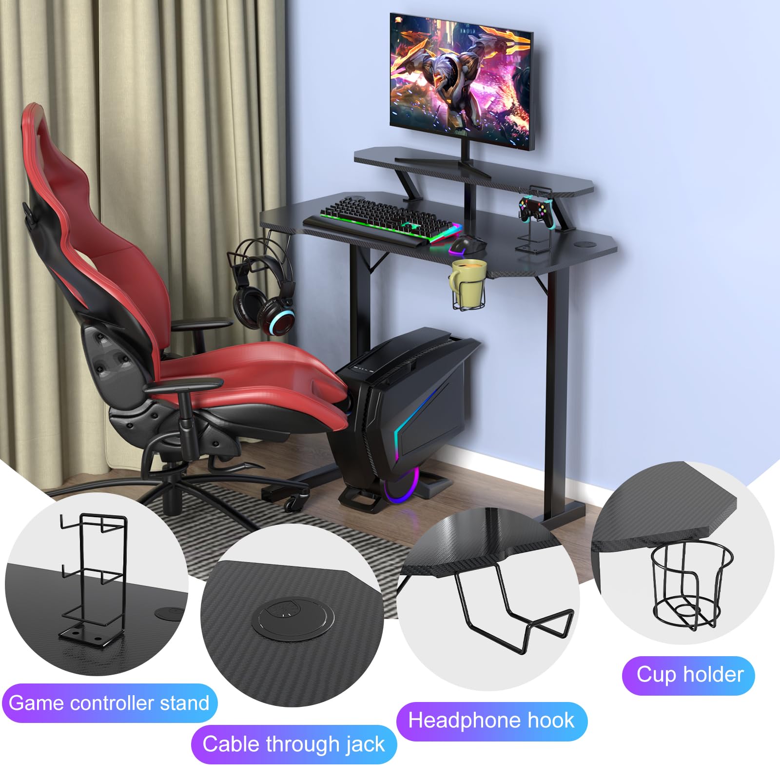 Tavolo Da Gioco 100x55x75 Cm Con Superficie In Fibra Di Carbonio - Scrivania Computer Con Porta Bevande, Gancio E Supporto Monitor