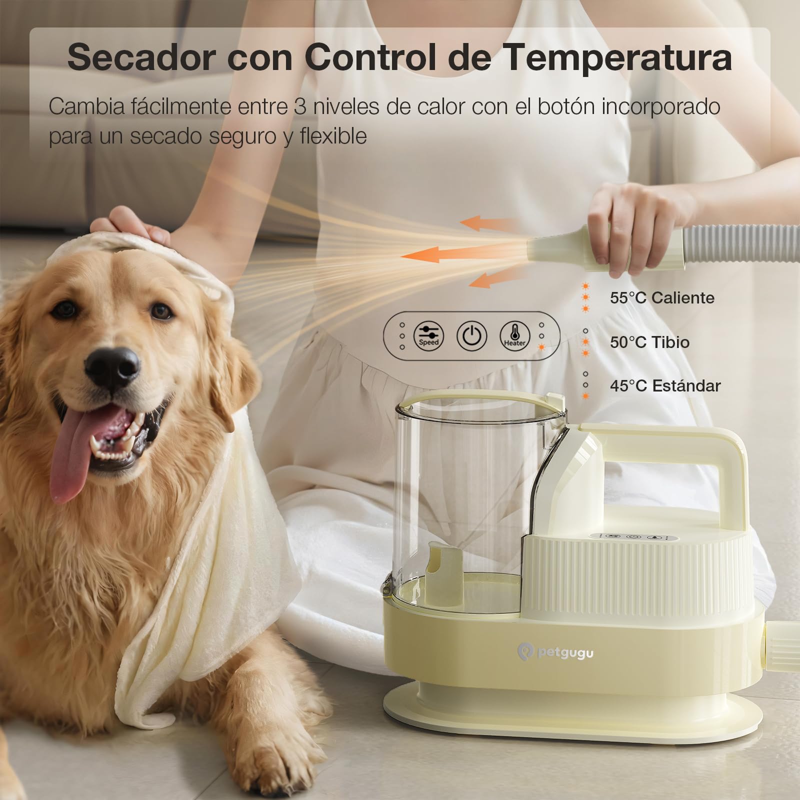 Maquinilla Eléctrica para Perros 7 en 1 con Aspirador de Pelo–Cortapelos Mascotas Silencioso 2,5L,Cepillo Aspirador para Perros y Kit de Higiene Profesional Amarillo