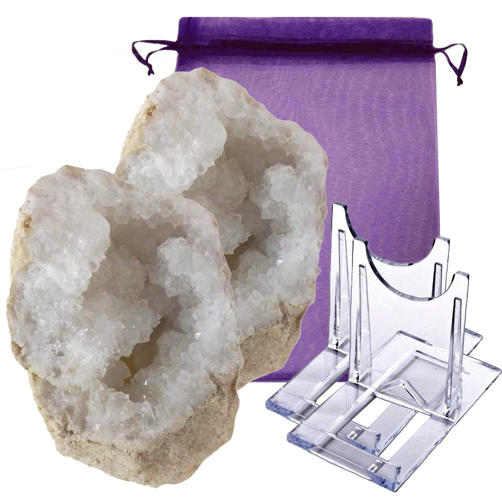 BERGKRISTALL Drusen-Paar ca. 1200-1500g Kristall Geode mit funkelnden Kristallen in Edelstein Qualität 5-tlg Set mit Ständer + Stofftäschchen. BKG-XXL