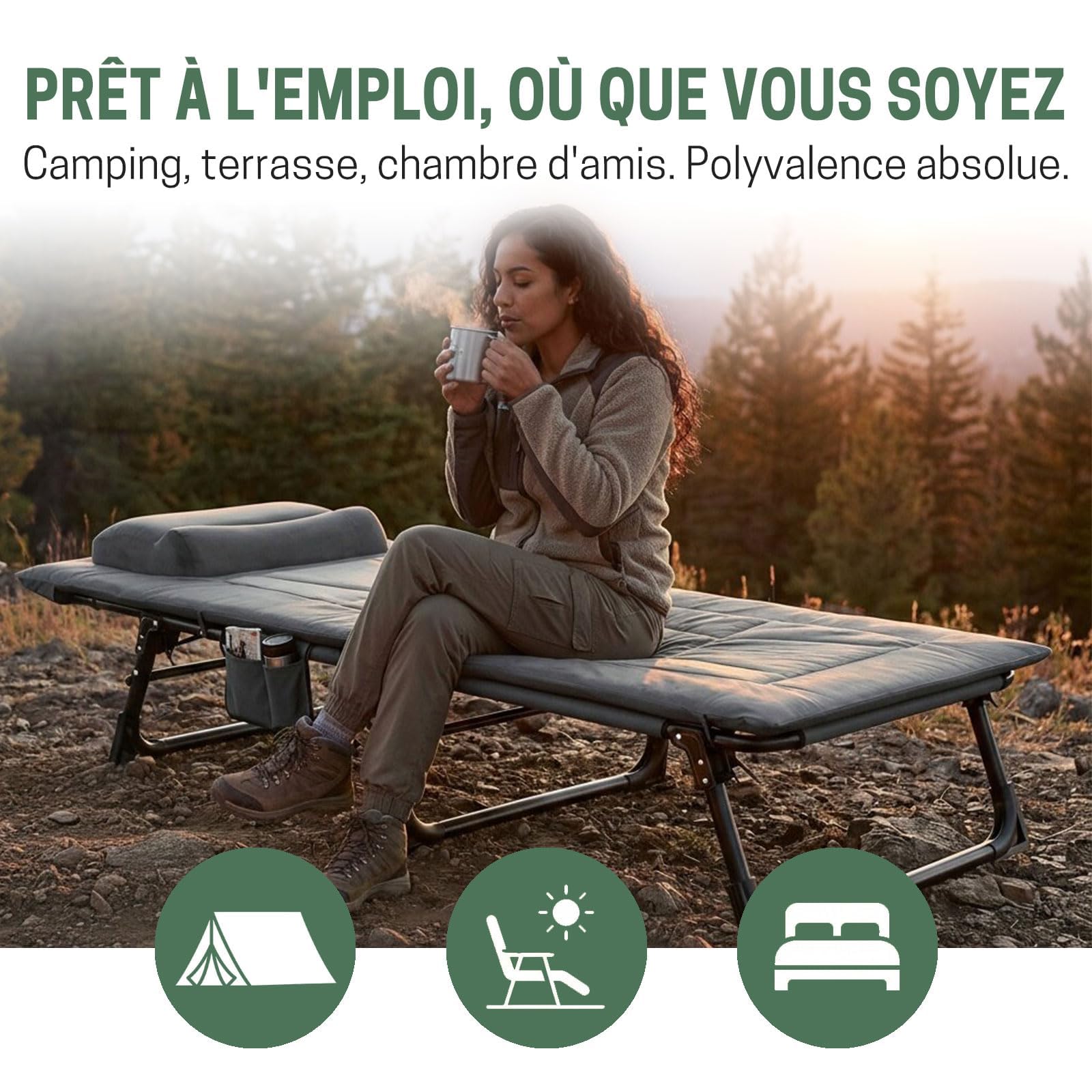Bain de Soleil 4 Positions, Chaise Longue Pliable | avec Matelas Rembourré et Oreiller; Lit de Camping Portable; pour Jardin, Plage, Piscine, Patio; Gris