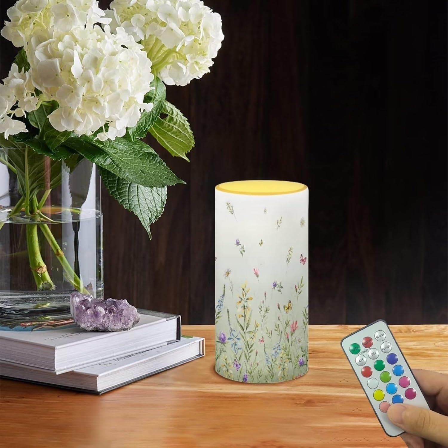 Flameless Candle with 18 Key Remote 4/8 Hours Timing Color Changing, Flickering Wick Realistic Votive Electric Candle for Patio Desktop Home Ornaments, Floral Green
