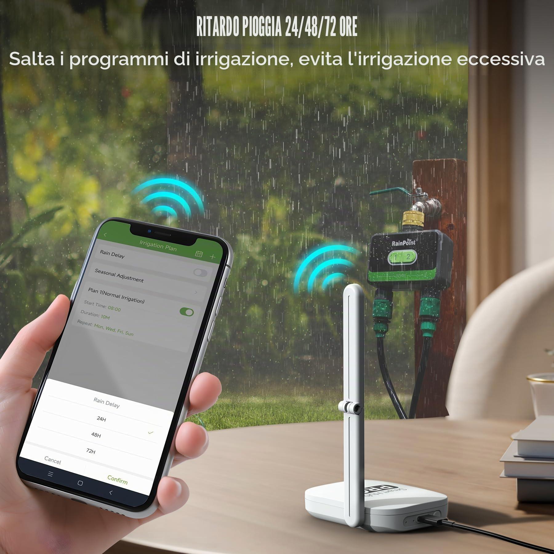 RAINPOINT Timer Irrigazione 2 uscite, ingresso e uscita in ottone, Centralina Irrigazione per irrigazione giardino con app/controllo vocale Alexa, ritardo della pioggia/controllo manuale/automatico