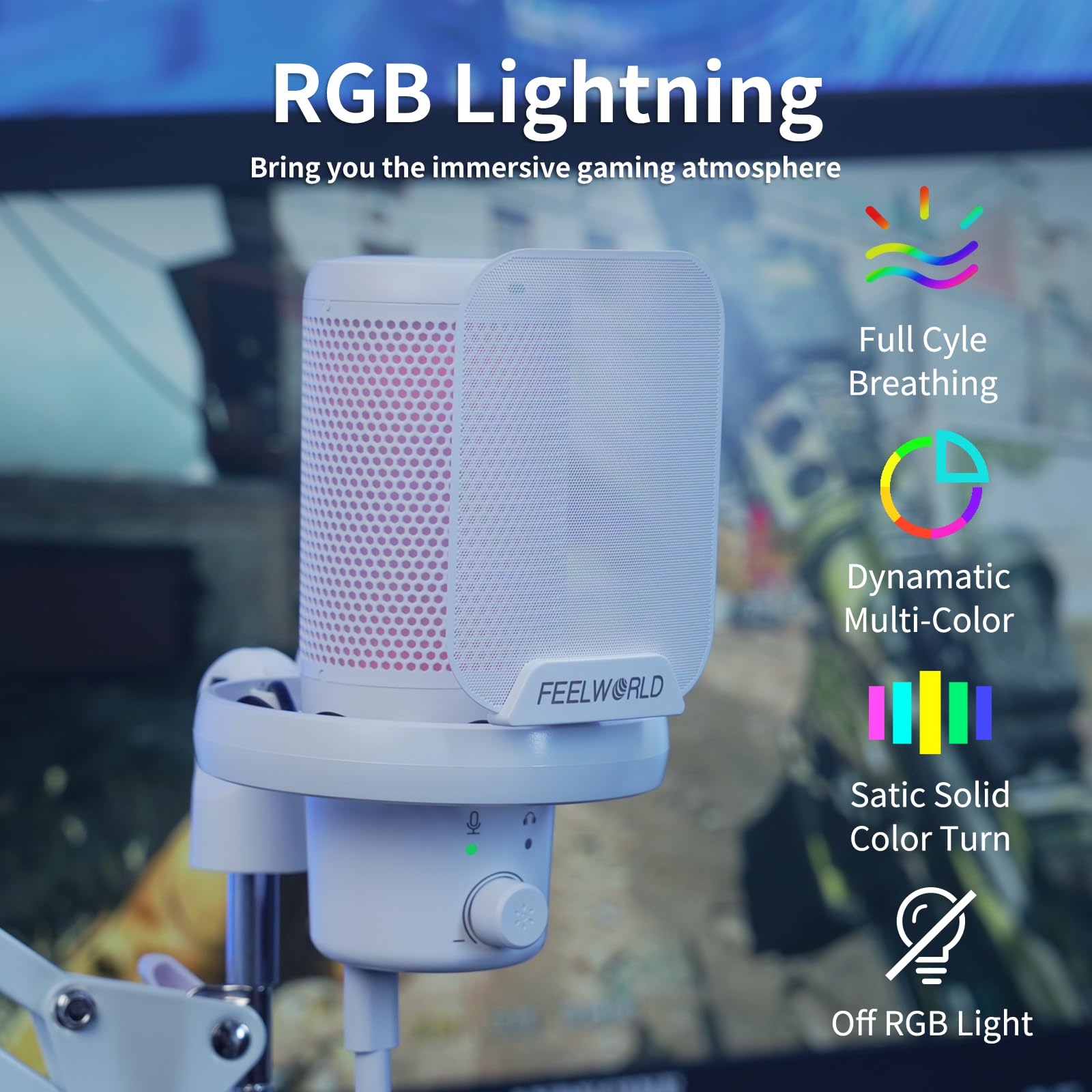 FEELWORLD VM1 - Micrófono condensador USB para juegos, cancelación de ruido, botón de silencio, luz RGB para PC PS4 PS5, podcast/YouTube/Twitch Streaming, chat en línea, grabación, accesorios de