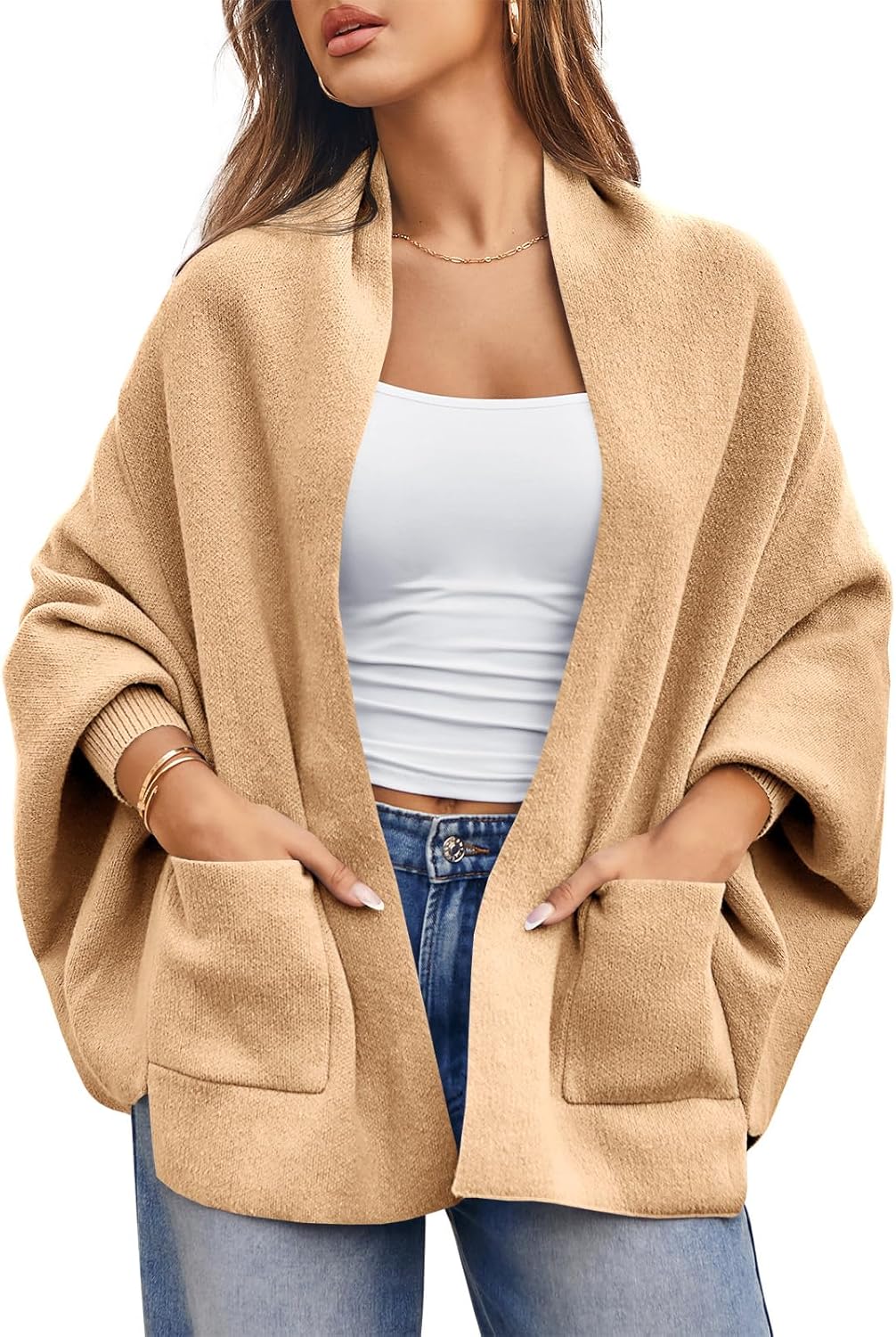 Saodimallsu Womens Open Front Cardigan Batwing Long Sleeve Shawl Chunky Knit Loose Fall Poncho Sweater Coats