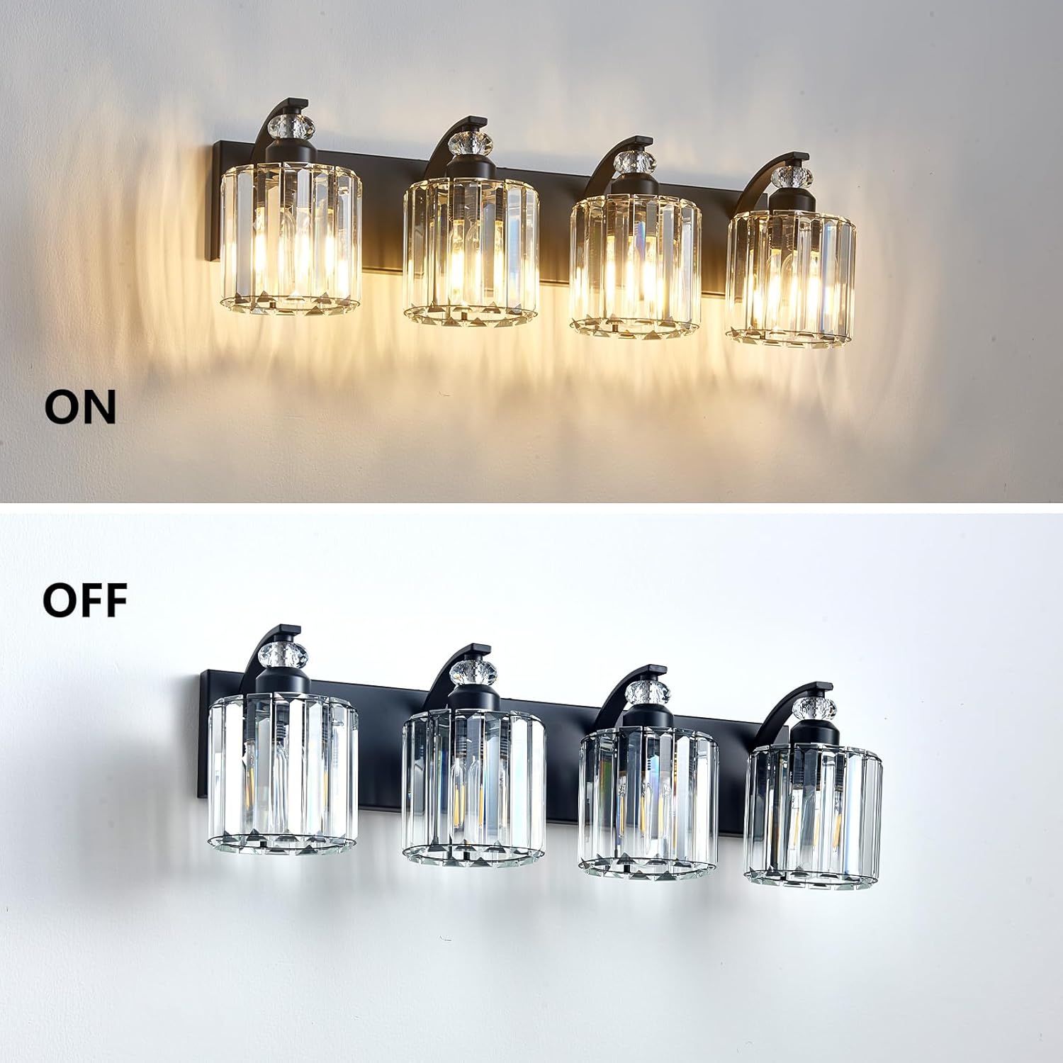 4-Light Black Bathroom Light Fixture Modern Vanity Lights Over Mirror Vintage Wall Sconce Lighting for Bathroom, Bedroom, Living Room, Hallway E26 Base with Crystal Bathroom Vanity Light