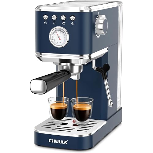CHULUX Slim Espresso Machine with Milk Frother for Home Latte, Dark Blue | Precise Pressure Gauge, Food-Grade Materials, 20 Bar Italian Pump, Professional Temperature Control System, Stainless Steel