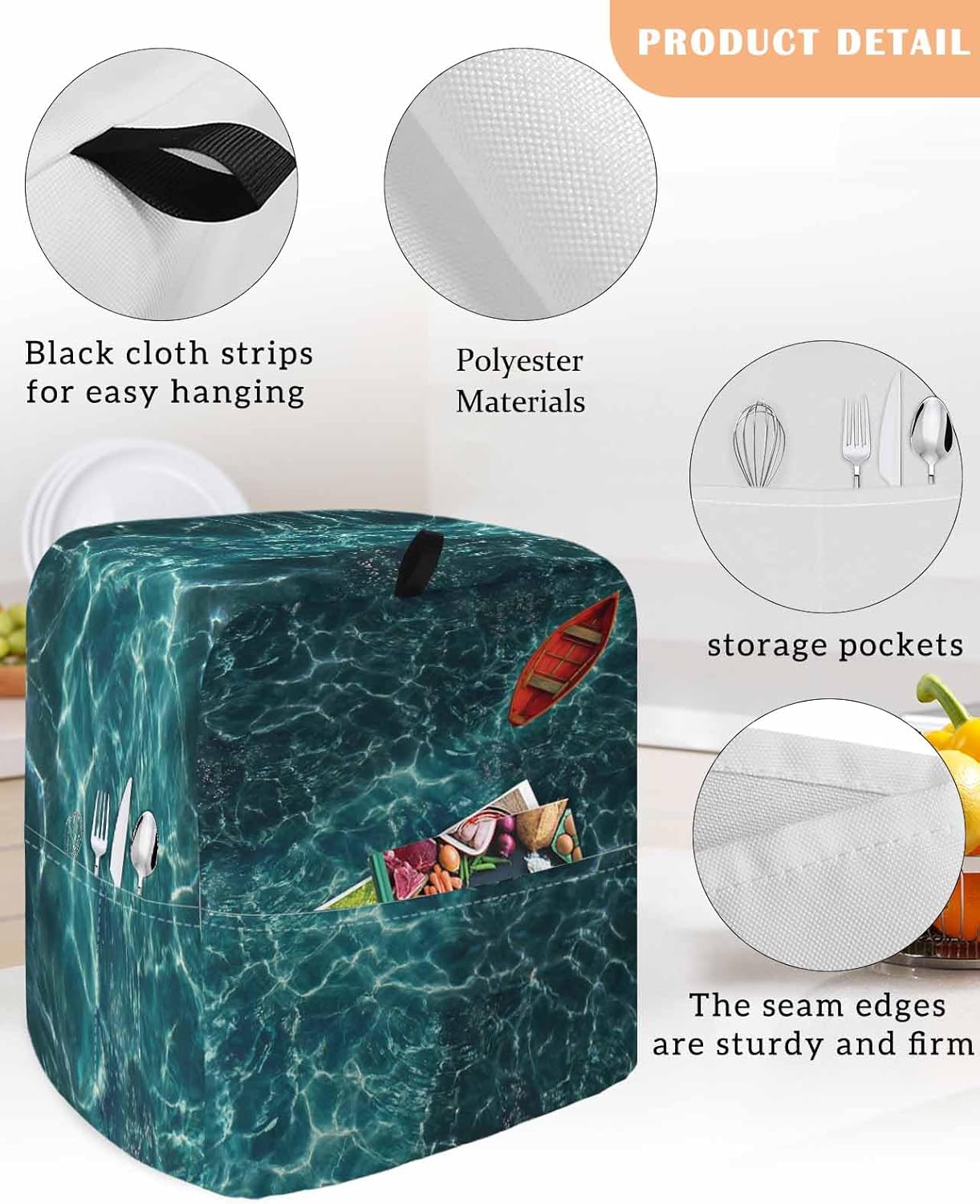 Teal Green Ocean Waves Stand Mixer Cover with Storage Pocket, Waterproof Kitchen Mixer Covers, Red Boat Coastal Kitchen Appliance Dust Cover Compatible with 4/4.5 Quart Mixers