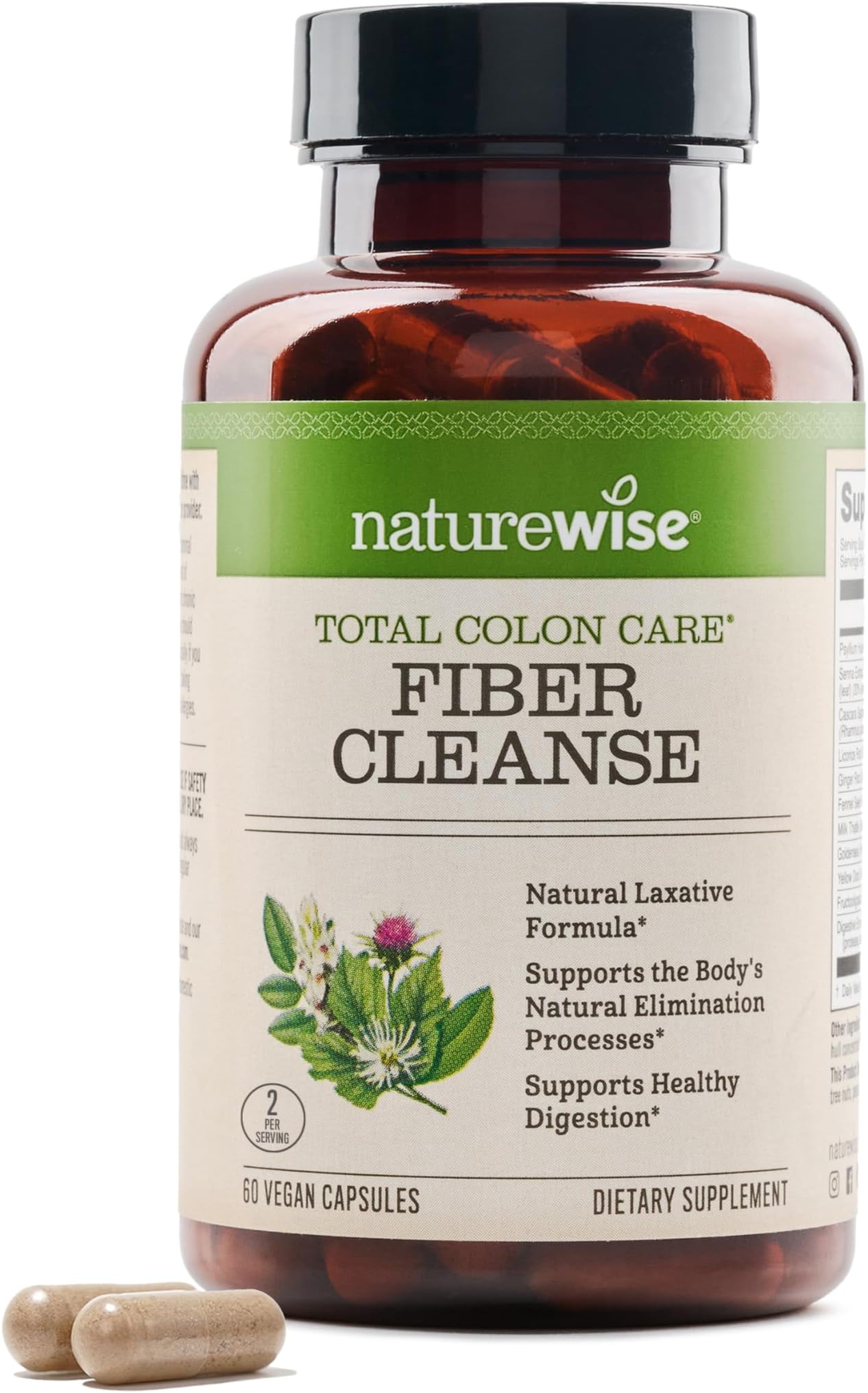 NatureWise Total Colon Care Fiber Cleanse - Natural Laxative Blend - Herbal Laxatives, Prebiotics, & Enzymes for Regularity, Digestion, Weight & Gut Health - Non-GMO - 60 Capsules[30-Day Supply]