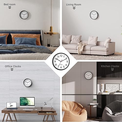 Miniatura 5 de Reloj de pared con pilas, 10 pulgadas, silencioso, sin tictac, reloj de pared moderno de cuarzo, fácil de leer para sala de estar, hogar,