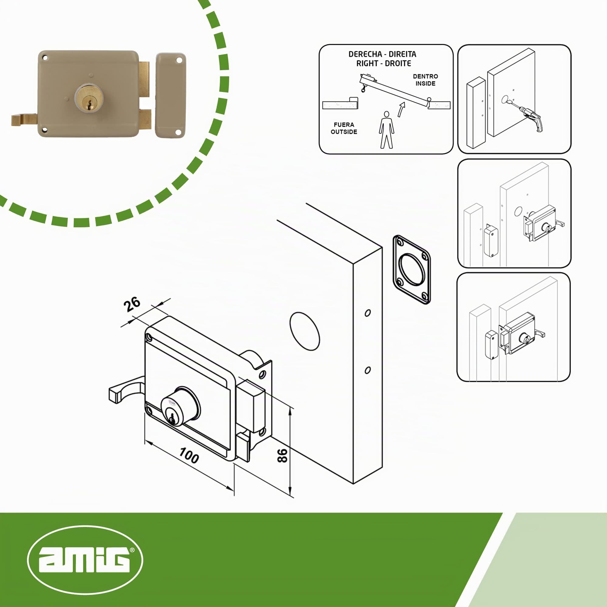 Amig - Serratura a Soprapponere Destra con leva di Chiusura, Linguetta e Maniglia per Porte in Legno Mod. 78 | 100 x 85 mm | Chiavistello con Cilindro Rotondo a Dente di Sega | Acciaio Beige