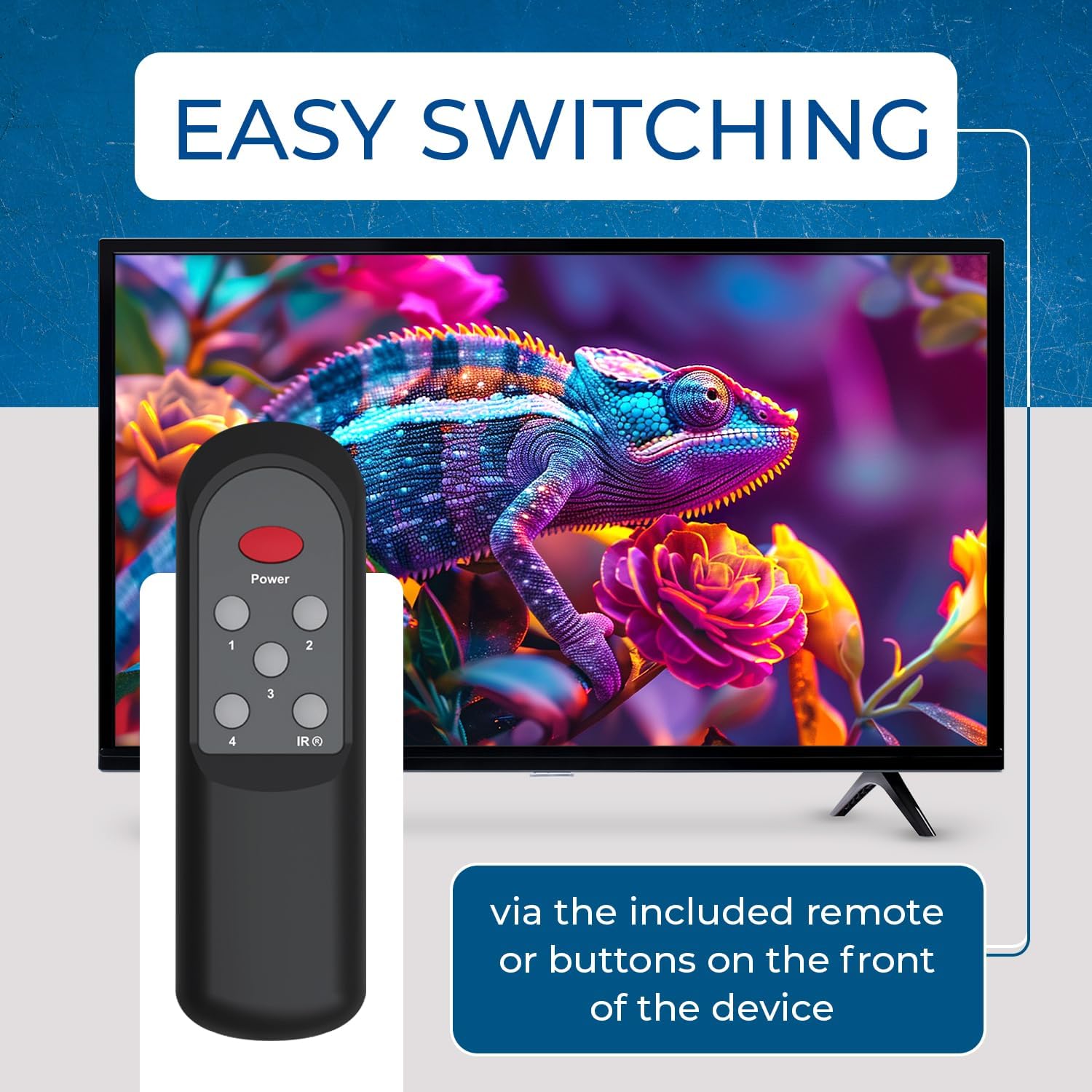 OREI BK-41A HDMI Switch remote control and front panel buttons, illustrating easy switching options.