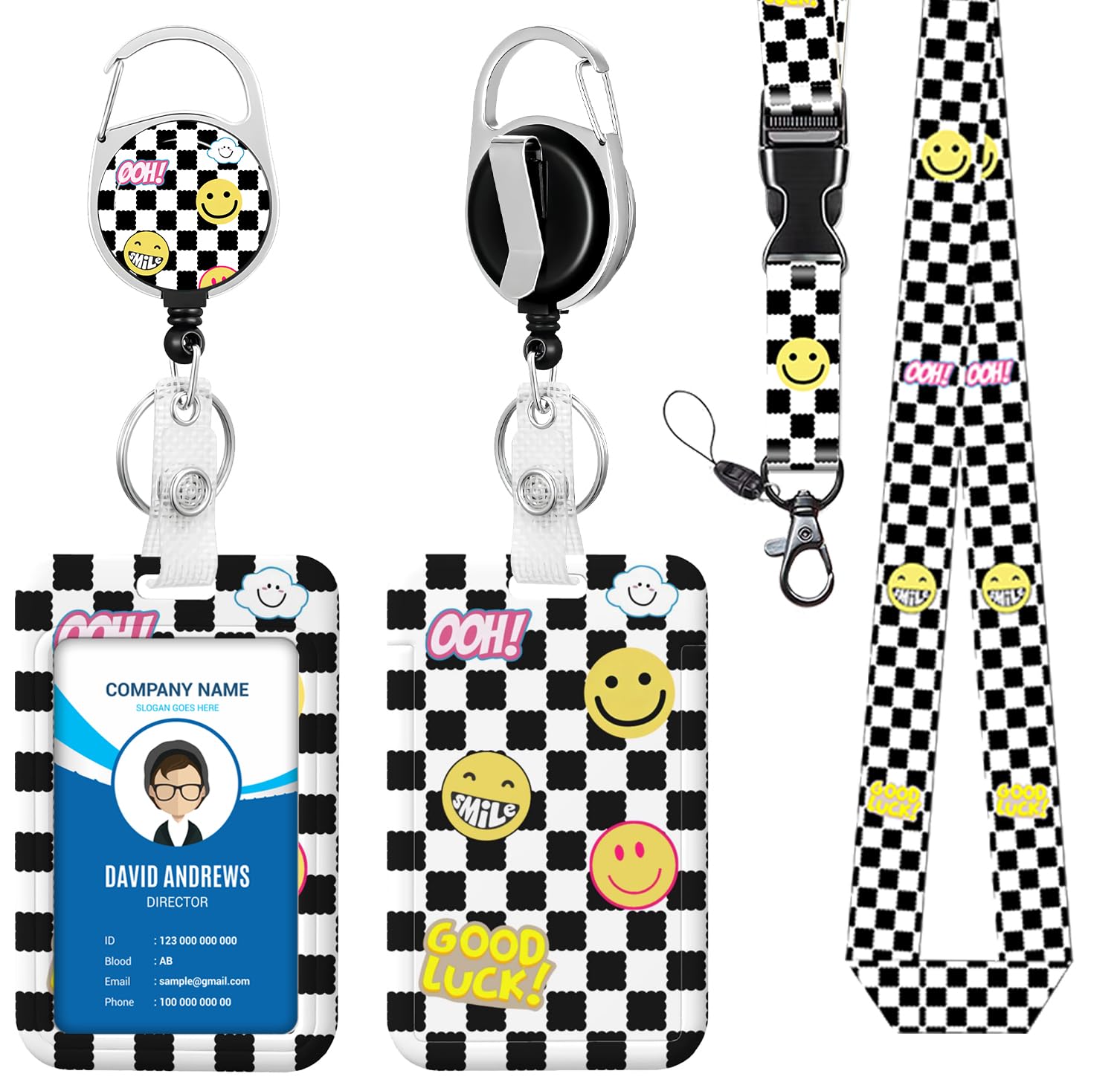 Lanyard for ID Badge Holder Badge Reel Checkered Smiley Face for Man Women Cute Nurse Teacher Name Tag Clip Retractable Keychain Heavy Duty Work Office Gifts Accessories