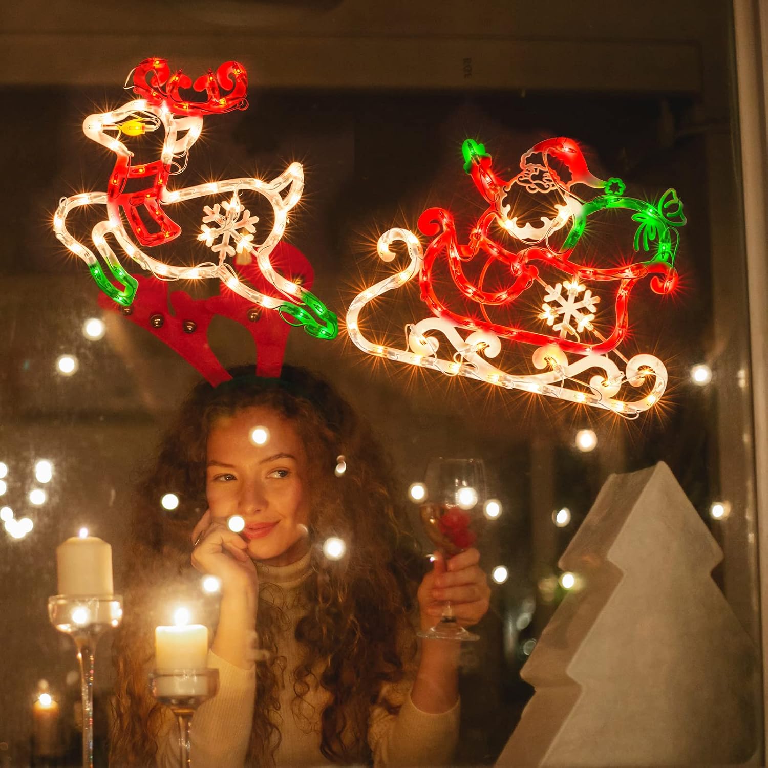 LAMPHOME Lighted Santa in Sleigh with Reindeer Christmas Window Silhouette Lights Decorations for Home, Party, Patio, Lawn, Garden
