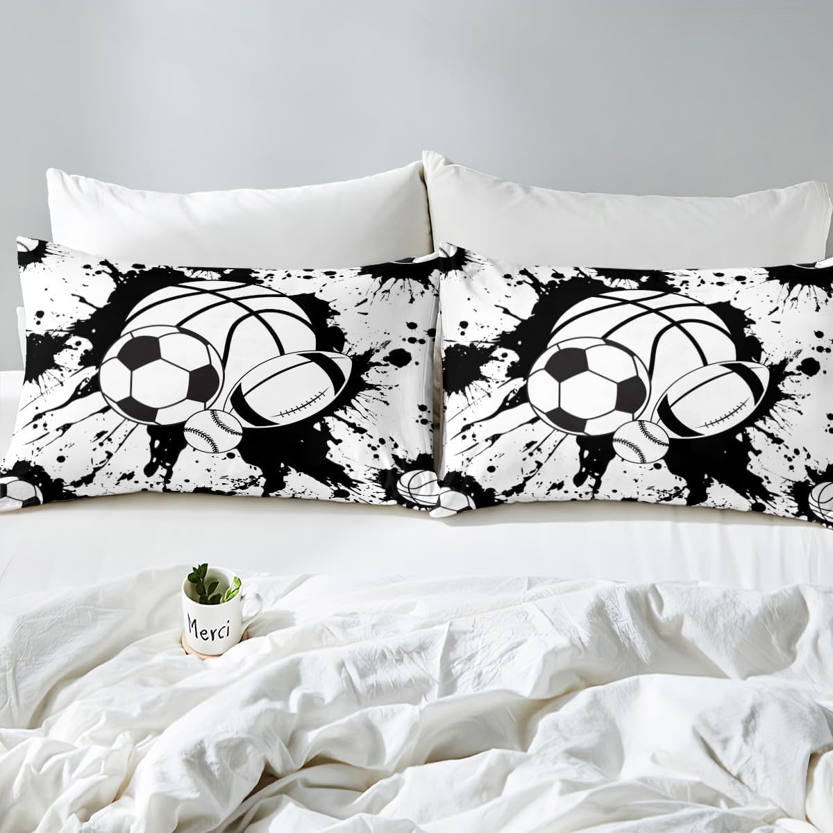 jejeloiu Ball Bedding Set Toddler Size Baseball Comforter Cover Set for Boys Girls Teens Sports Game Duvet Cover Rugby Sports Bedspread Cover Room Decor White Balck Quilt Cover，No Comforter
