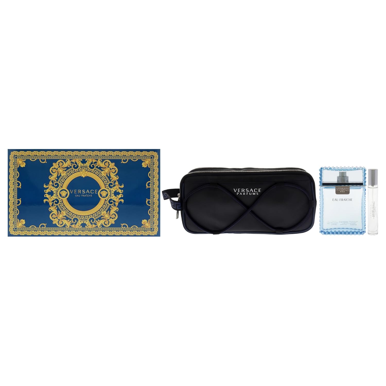 Versace Eau Fraiche for Men 3 Piece Set (3.4 Oz Eau De Toilette Spray + 10ml Travel Spray + Versace Blue Trousse)