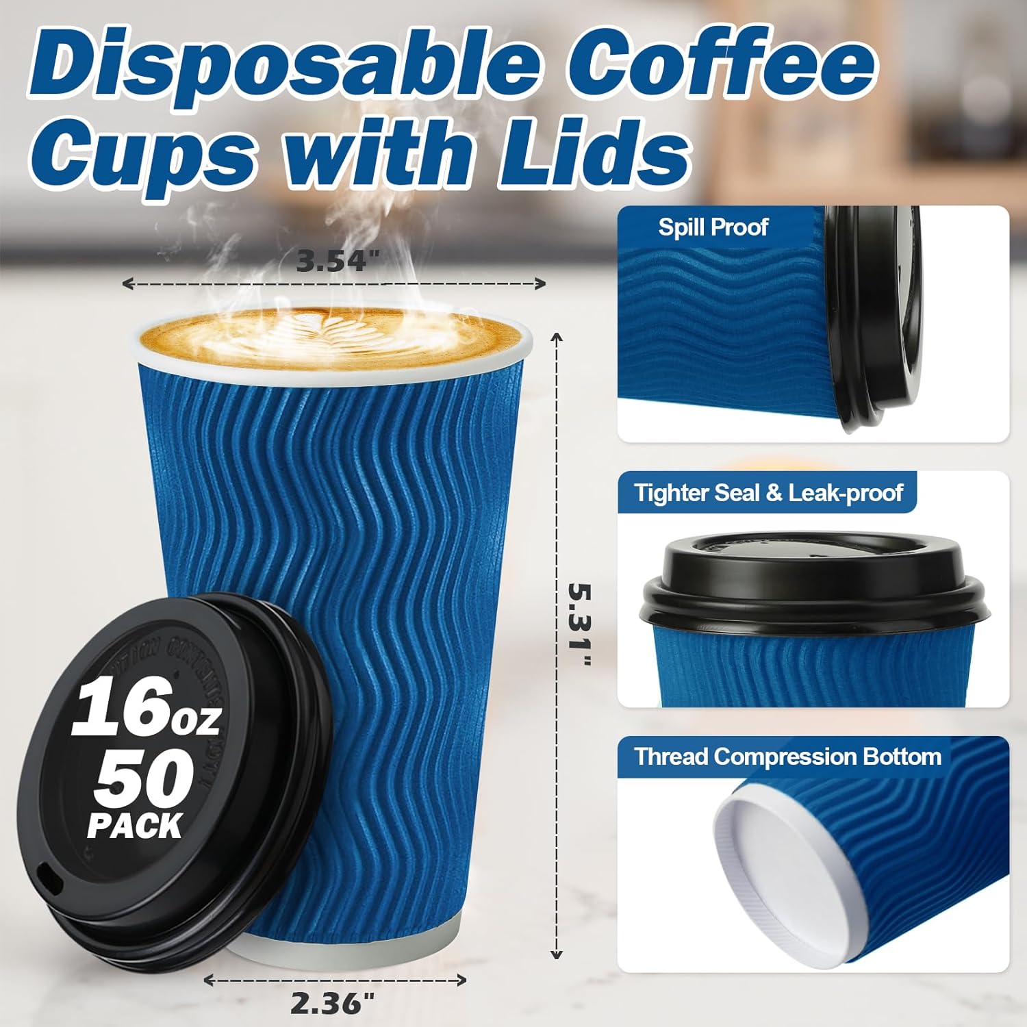 Disposable Coffee Cups with Lids 16 oz, To Go Paper Coffee Cups with Lids, Insulated Paper Cups for Hot or Cold Beverages (Navy, 50Pack) - Image 2