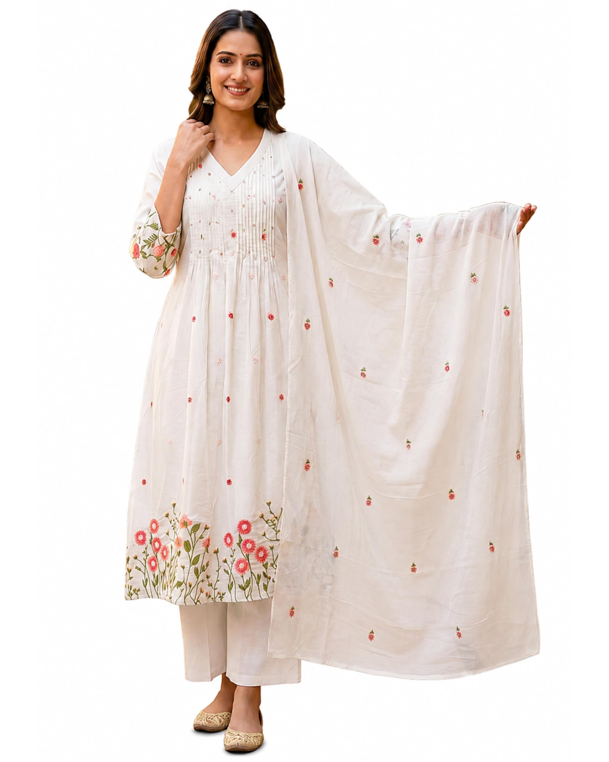 Elgant White Floral Embroidered A-Line Kurta Suit Set | Soft & Breathable Cotton Fabric | 3-Piece with Dupatta | 3/4th Sleeves | Ethnic Kurta Paint Set for Women-image-44