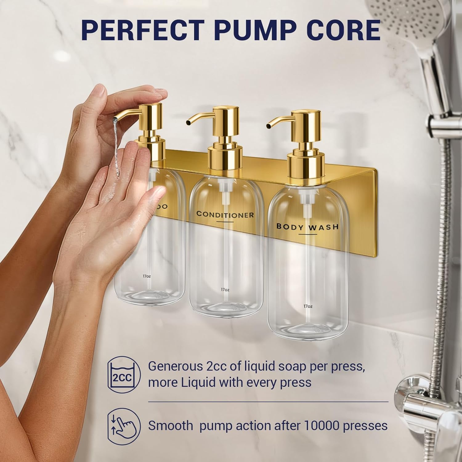 KLL Shampoo and Conditioner Dispenser - 3 Soap Dispenser Bathroom Wall Mount No Drill, Soap Holder, Hook - Refillable Shower Dispenser Pump Bottle for Bathroom Shower Accessories (Transparent)