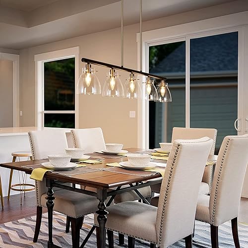 Miniatura 2 de ZEVNI Iluminación de isla de cocina de 5 luces, moderna lámpara de araña de oro negro para comedor, iluminación colgante lineal con pantallas de