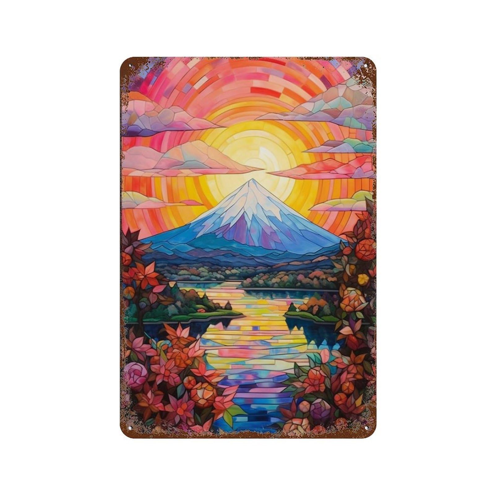 Decorative Tin Sign with Stained Glass Mountain Sunset Design 11.8"x7.9", for Basement, Hobby Room And Garage Decor, Farmhouse Wall Decor