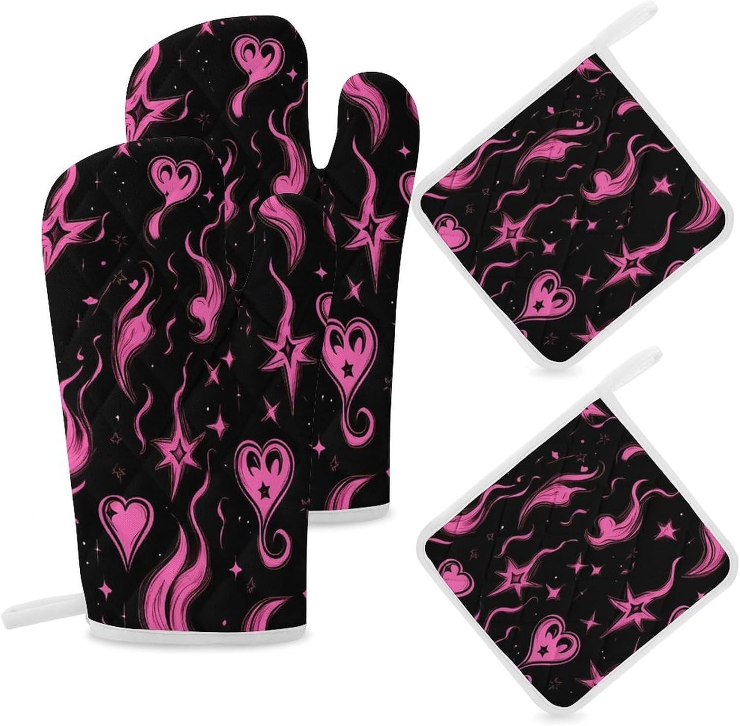 Y2K Flames Hearts Stars Oven Mitts and Pot Holders 4Pcs Set Heat Resistant Cooking Mitts Hot Pads