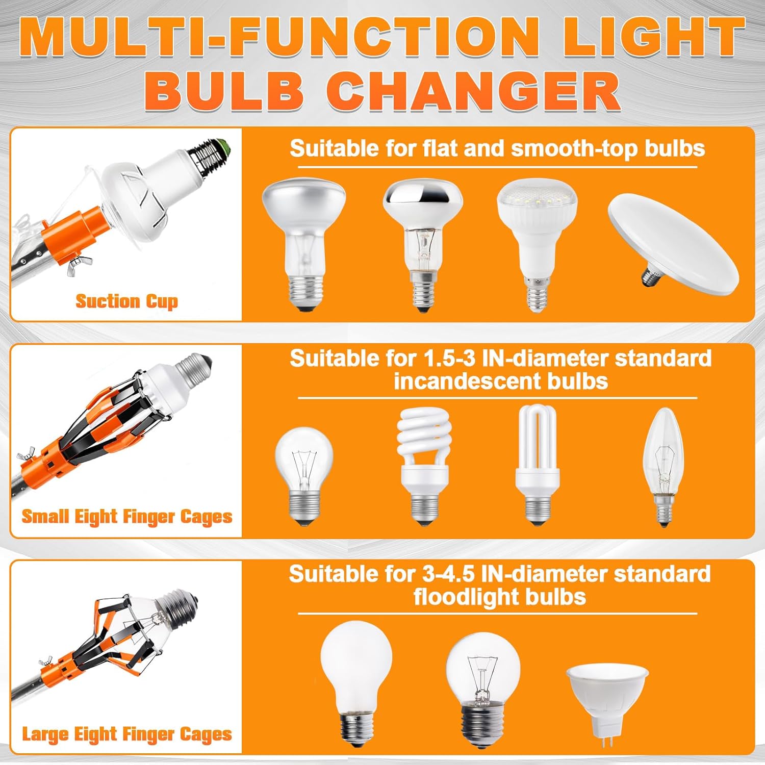 4 Piece Light Bulb Changer Set, Suction Cup & Cage Changer Set, Light Bulb Removal Tool for Recessed, Floodlight & Standard Bulbs, Fits Standard Threaded Extension Pole, Orange