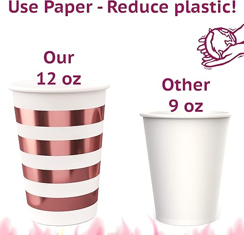 Miniatura 4 de Juego de 50 vasos de papel color oro rosa de 12 onzas para fiesta, vasos blancos desechables con rayas de papel de aluminio rosas para bebidas,