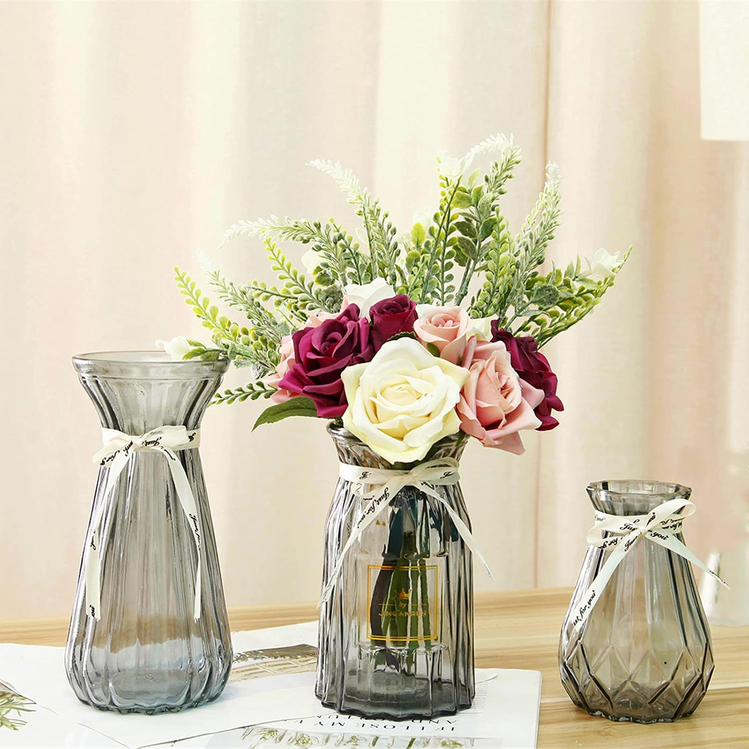 JINGANREN Glass Vases Set Modern Angled Simple Style Clear Flower Glass Vases Set of 3 Size,for Home Living Room Aand Office Table Decor for Gift (Gray01)