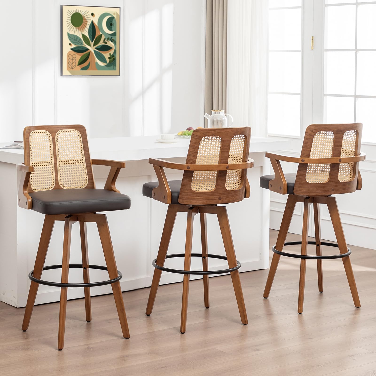 Swivel Bar Stools Set of 3 - 30 inch Mid Century BarStools with Curved Backs and Arms, Walnut Bentwood, Faux Leather Upholstered Seat, Rattan Bar Stools for Kitchen/Island (30" Seat Height, Brown)