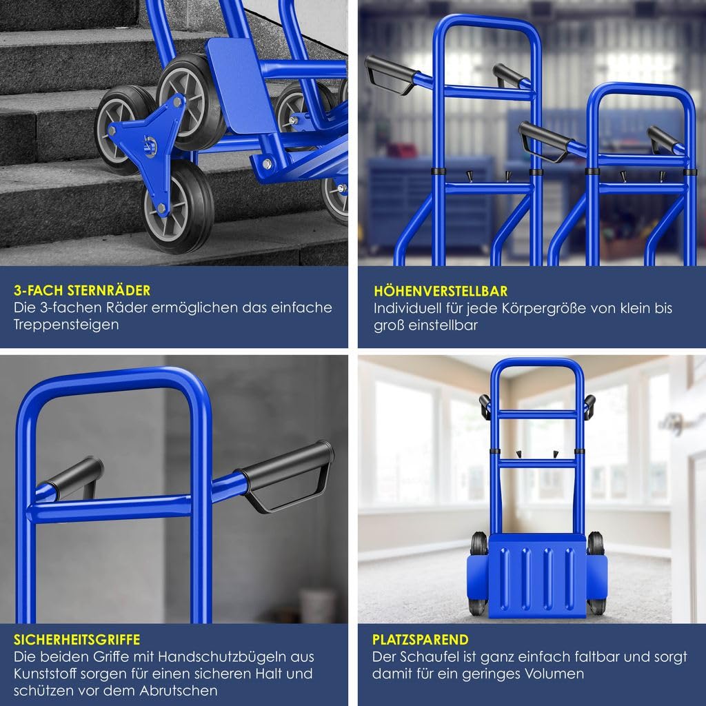 MASKO® Diable pour escaliers Pliable, 200kg, Pneus en Caoutchouc Dur | Poignées en Plastique | Cadre en Acier - Bleu