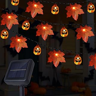 Solar Pumpkin Maple Leaf Thanksgiving Halloween String Lights, 30Ft 50 LED 8 Modes Solar Halloween Pumpkin Lights, Waterproof Fall Garland with Lights for Thanksgiving Halloween Autumn Harvest Decor