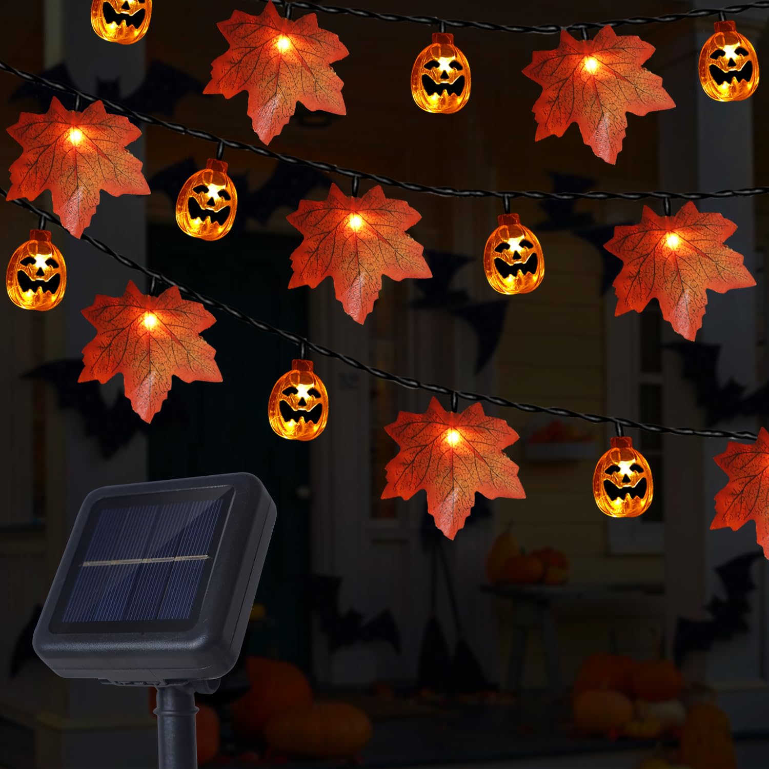 Solar Pumpkin Maple Leaf Thanksgiving Halloween String Lights, 30Ft 50 LED 8 Modes Solar Halloween Pumpkin Lights, Waterproof Fall Garland with Lights for Thanksgiving Halloween Autumn Harvest Decor