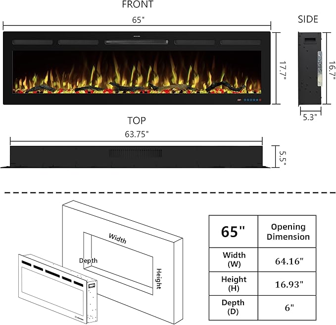 Chimenea Eléctrica 65" WiFi Kentsky Negro 750/1500W Muro miniatura 3
