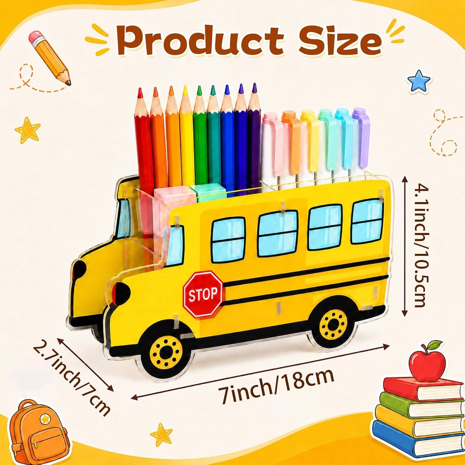 School Bus Shaped Magnetic Pen Holder Yellow Bus Strong Magnet Marker Pen Pencil Organizer Acrylic Magnetic Dry Erase Marker Holder for Whiteboard Refrigerator Locker Accessories Back to School Supply image 2