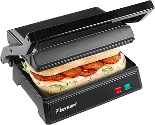 Bestron Parrilla eléctrica de contacto con bandeja colectora, sandwichera con mango Cool-Touch, Paninimaker con revestimiento antiadherente, 1000 W, APM123Z, color negro mate, 22,5 x 14 cm