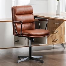 Okeysen Desk Chair No Wheels, Modern Office Chair with Wooden Armrests, PU Leather Office Chair for Home, Ergonomic Swivel Vanity Chairs, Comfy Chairs with Thick Cushion Retro Brown